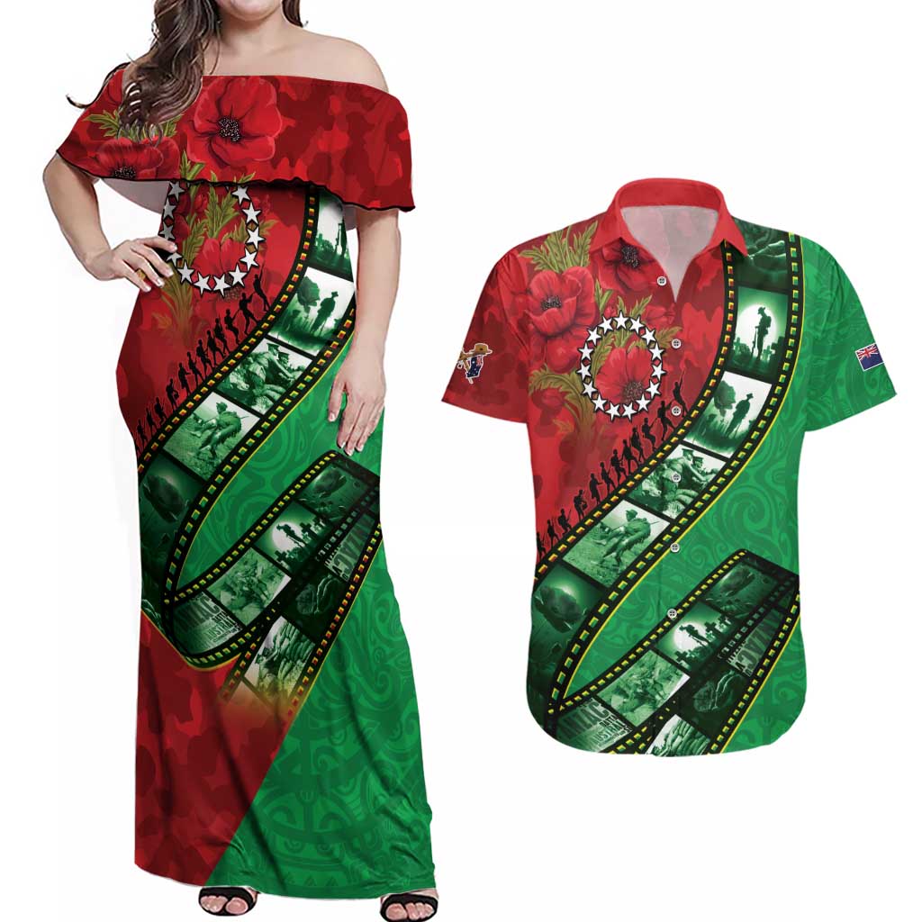 Personalised Cook Islands ANZAC 1915-2026 Filmstrip Couples Matching Off Shoulder Maxi Dress and Hawaiian Shirt Lest We Forget 25 April