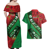 Personalised Cook Islands ANZAC 1915-2026 Filmstrip Couples Matching Off Shoulder Maxi Dress and Hawaiian Shirt Lest We Forget 25 April LT9 - Polynesian Pride