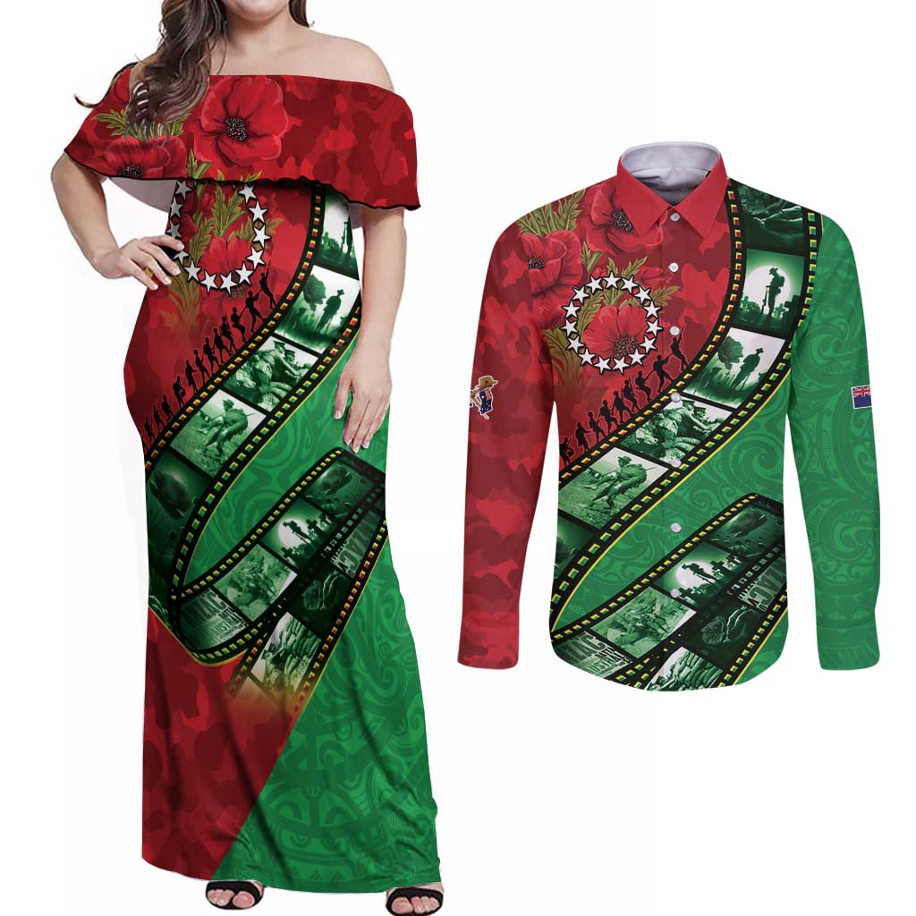 Personalised Cook Islands ANZAC 1915-2026 Filmstrip Couples Matching Off Shoulder Maxi Dress and Long Sleeve Button Shirt Lest We Forget 25 April LT9 Green - Polynesian Pride
