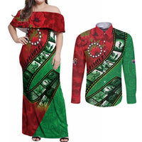 Personalised Cook Islands ANZAC 1915-2026 Filmstrip Couples Matching Off Shoulder Maxi Dress and Long Sleeve Button Shirt Lest We Forget 25 April LT9 Green - Polynesian Pride