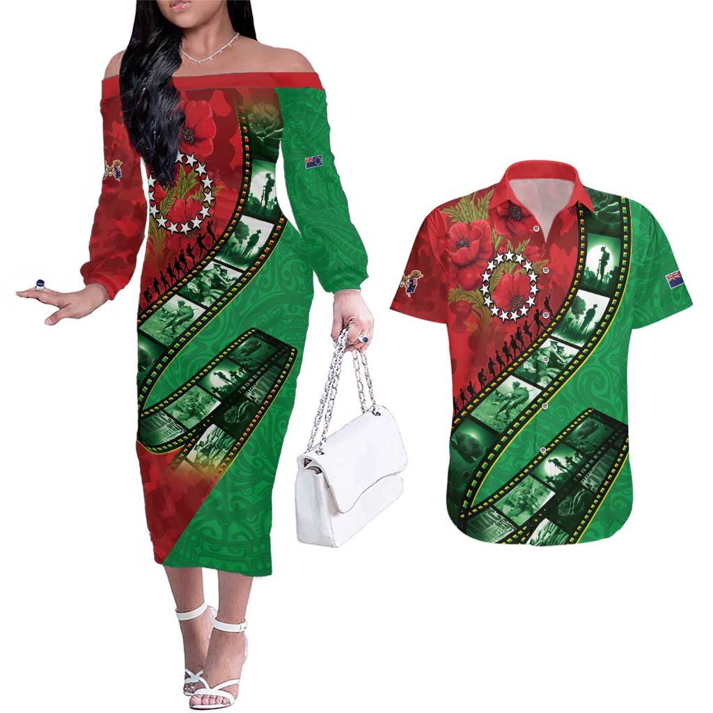 Personalised Cook Islands ANZAC 1915-2026 Filmstrip Couples Matching Off The Shoulder Long Sleeve Dress and Hawaiian Shirt Lest We Forget 25 April LT9 Green - Polynesian Pride