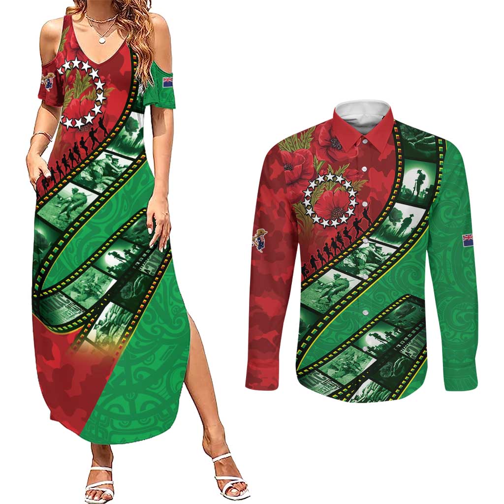 Personalised Cook Islands ANZAC 1915-2026 Filmstrip Couples Matching Summer Maxi Dress and Long Sleeve Button Shirt Lest We Forget 25 April LT9 Green - Polynesian Pride