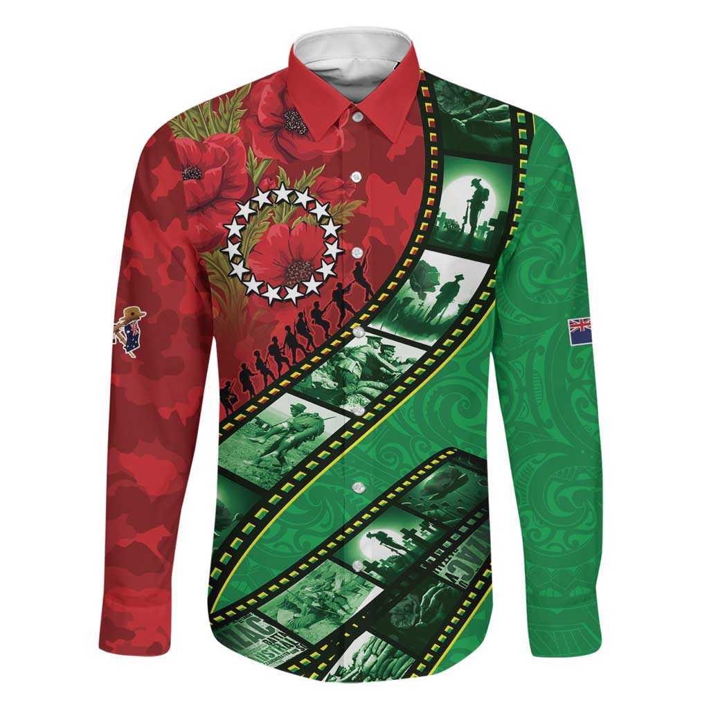 Personalised Cook Islands ANZAC 1915-2026 Filmstrip Family Matching Long Sleeve Bodycon Dress and Hawaiian Shirt Lest We Forget 25 April LT9 Dad's Shirt - Long Sleeve Green - Polynesian Pride