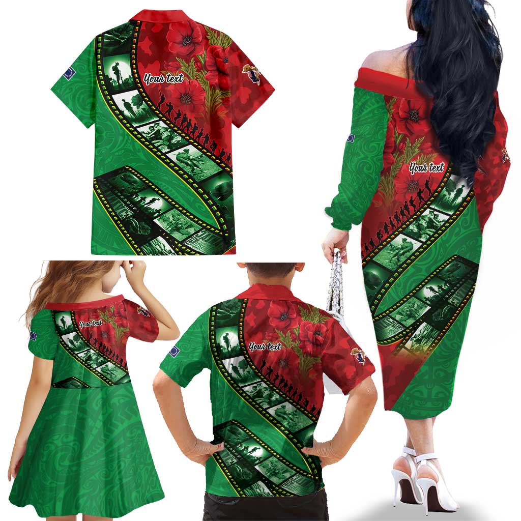 Personalised Cook Islands ANZAC 1915-2026 Filmstrip Family Matching Off The Shoulder Long Sleeve Dress and Hawaiian Shirt Lest We Forget 25 April LT9 - Polynesian Pride