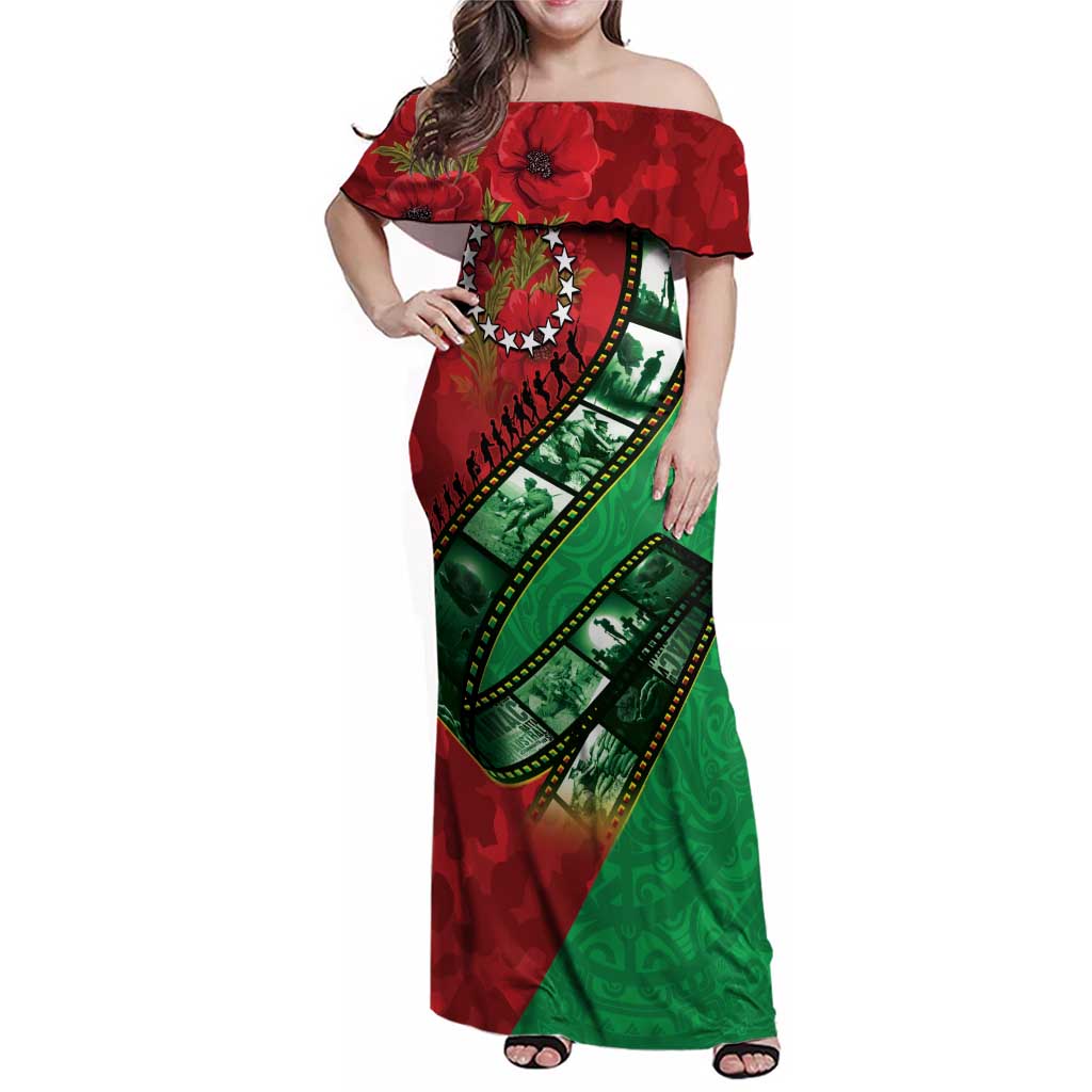 Personalised Cook Islands ANZAC 1915-2026 Filmstrip Family Matching Off Shoulder Maxi Dress and Hawaiian Shirt Lest We Forget 25 April LT9 Mom's Dress Green - Polynesian Pride