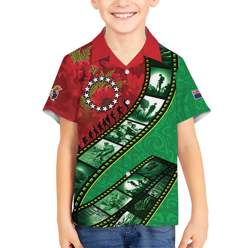 Personalised Cook Islands ANZAC 1915-2026 Filmstrip Family Matching Puletasi and Hawaiian Shirt Lest We Forget 25 April LT9 Son's Shirt Green - Polynesian Pride