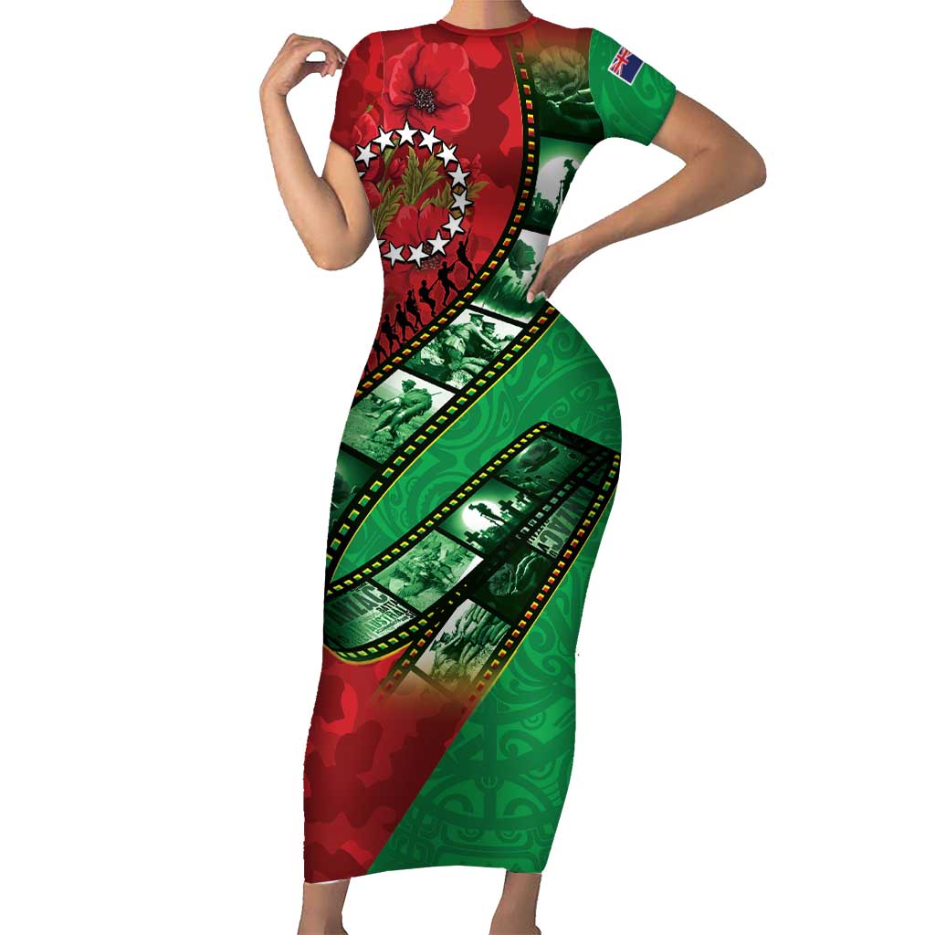 Personalised Cook Islands ANZAC 1915-2026 Filmstrip Family Matching Short Sleeve Bodycon Dress and Hawaiian Shirt Lest We Forget 25 April LT9 Mom's Dress Green - Polynesian Pride