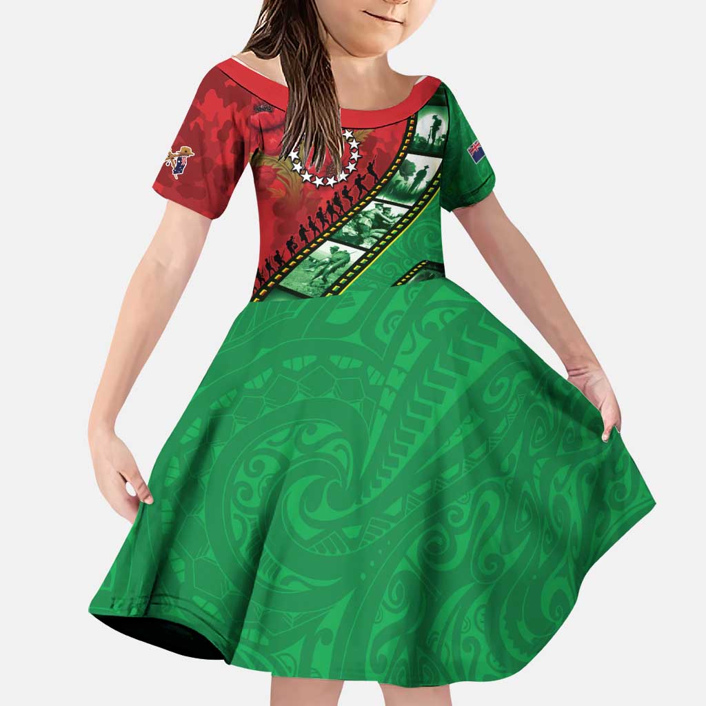 Personalised Cook Islands ANZAC 1915-2026 Filmstrip Family Matching Summer Maxi Dress and Hawaiian Shirt Lest We Forget 25 April LT9 Daughter's Dress Green - Polynesian Pride