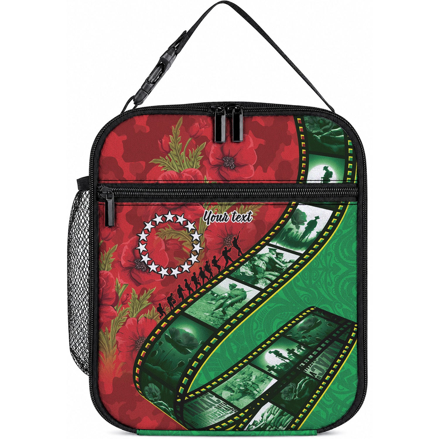Personalised Cook Islands ANZAC 1915-2026 Filmstrip Lunch Bag Lest We Forget 25 April LT9 10.2 × 8.3 × 4.3 inch Green - Polynesian Pride