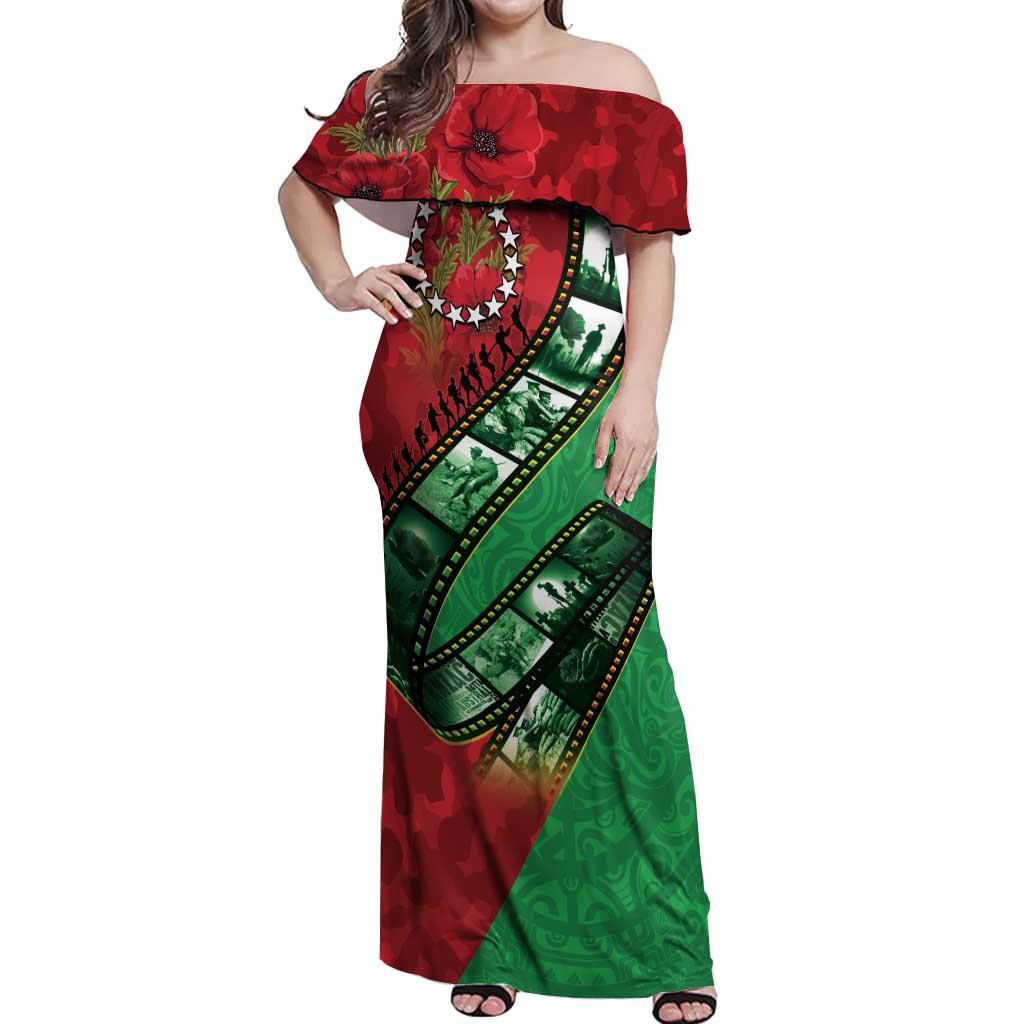 Personalised Cook Islands ANZAC 1915-2026 Filmstrip Off Shoulder Maxi Dress Lest We Forget 25 April