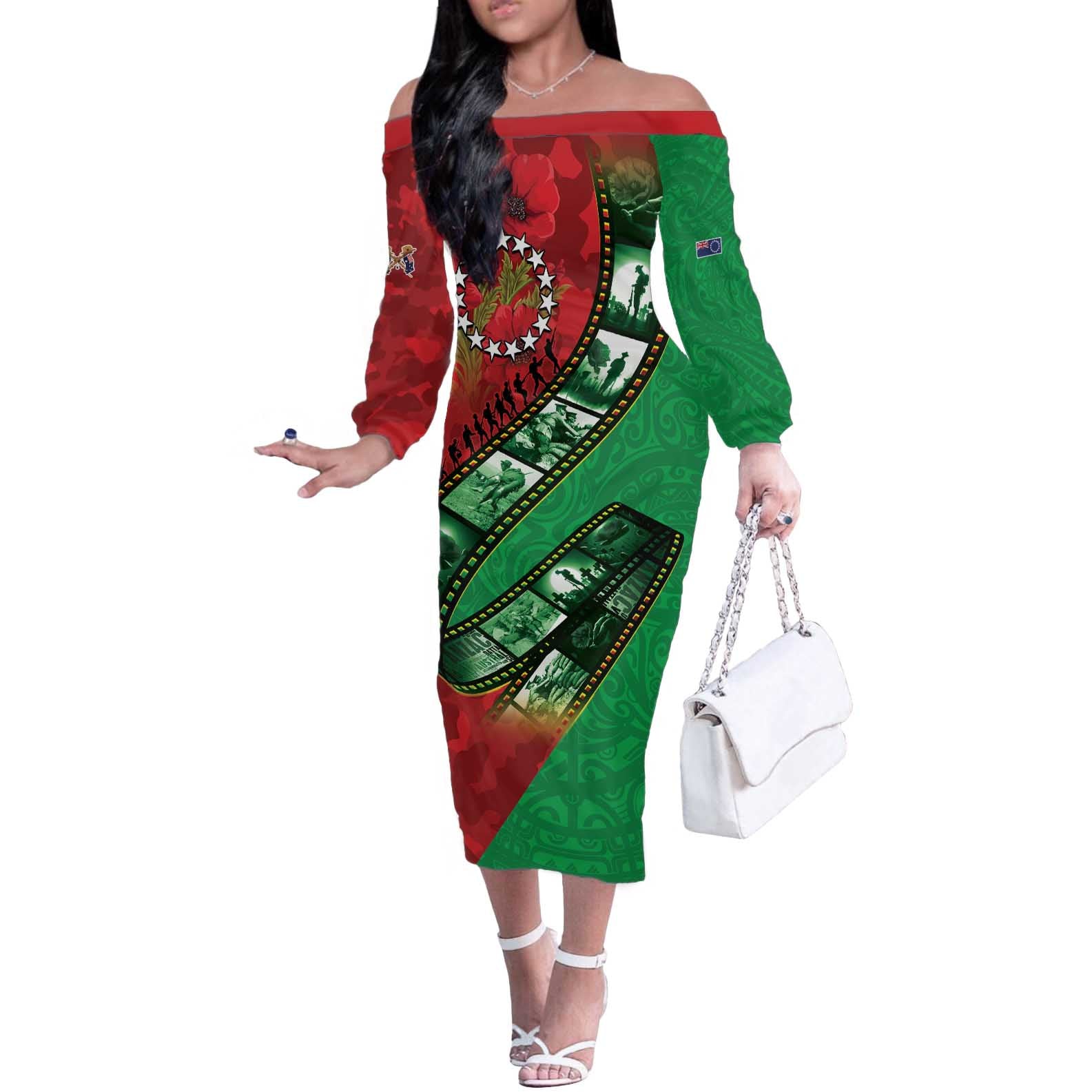 Personalised Cook Islands ANZAC 1915-2026 Filmstrip Off The Shoulder Long Sleeve Dress Lest We Forget 25 April