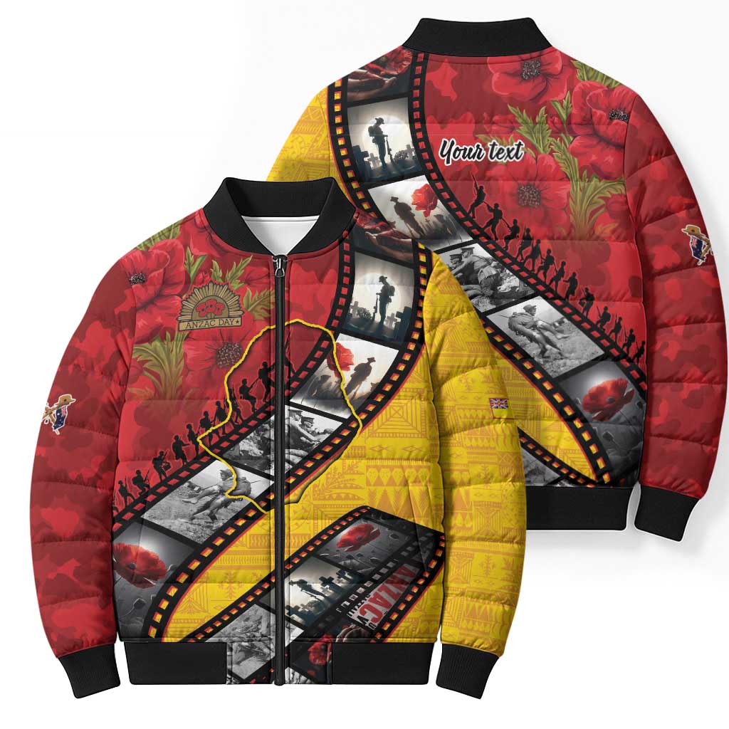 Personalised Niue ANZAC 1915-2026 Filmstrip Bomber Puffer Jacket Lest We Forget 25 April