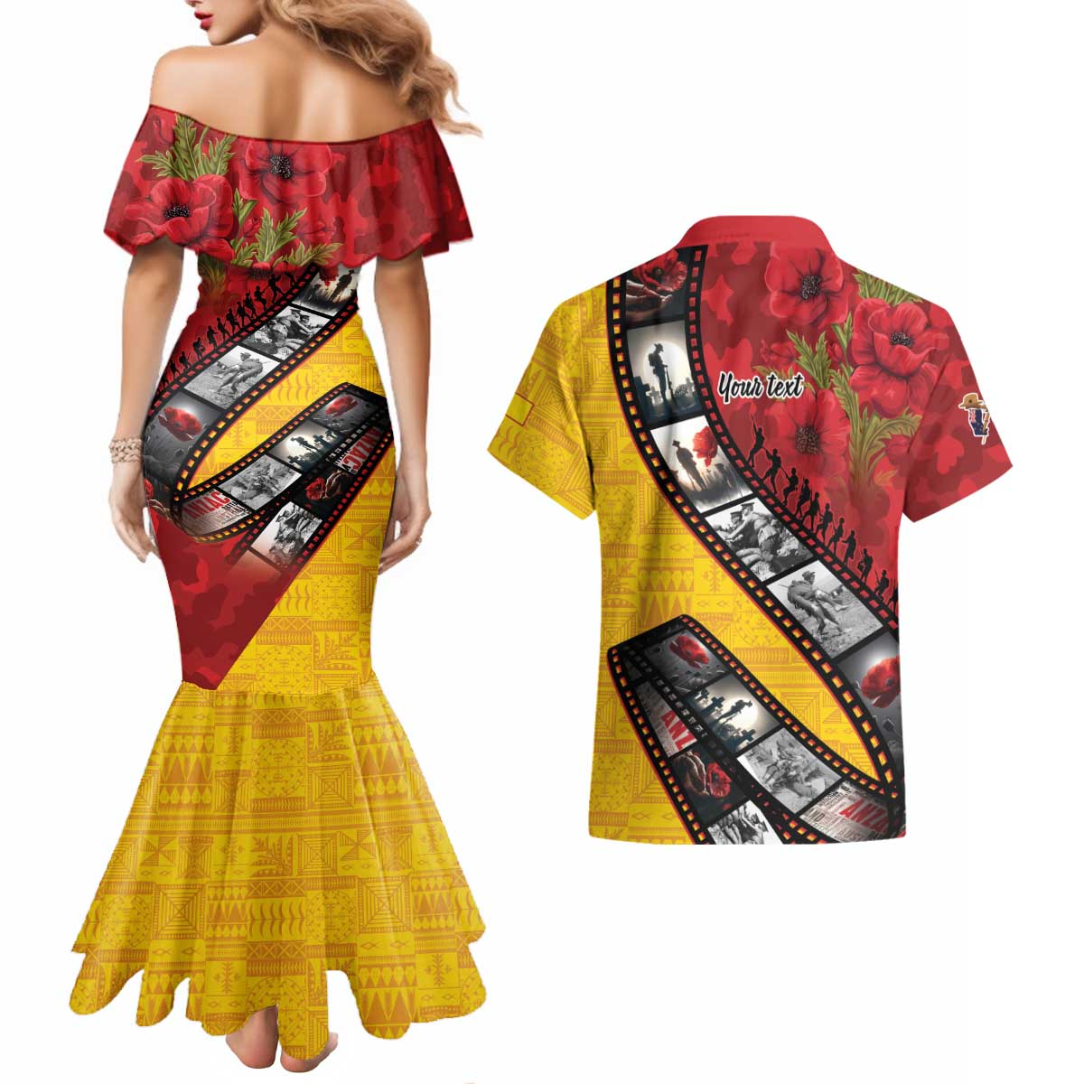 Personalised Niue ANZAC 1915-2026 Filmstrip Couples Matching Mermaid Dress and Hawaiian Shirt Lest We Forget 25 April LT9 - Polynesian Pride