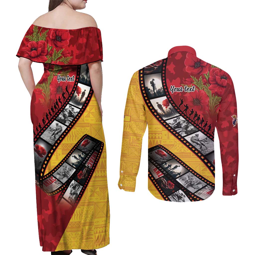 Personalised Niue ANZAC 1915-2026 Filmstrip Couples Matching Off Shoulder Maxi Dress and Long Sleeve Button Shirt Lest We Forget 25 April LT9 - Polynesian Pride