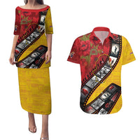 Personalised Niue ANZAC 1915-2026 Filmstrip Couples Matching Puletasi and Hawaiian Shirt Lest We Forget 25 April LT9 Gold - Polynesian Pride