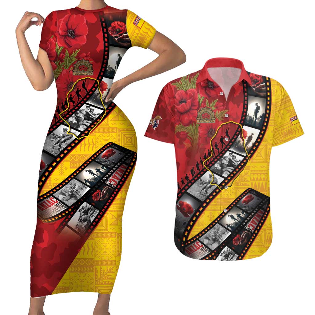 Personalised Niue ANZAC 1915-2026 Filmstrip Couples Matching Short Sleeve Bodycon Dress and Hawaiian Shirt Lest We Forget 25 April LT9 Gold - Polynesian Pride