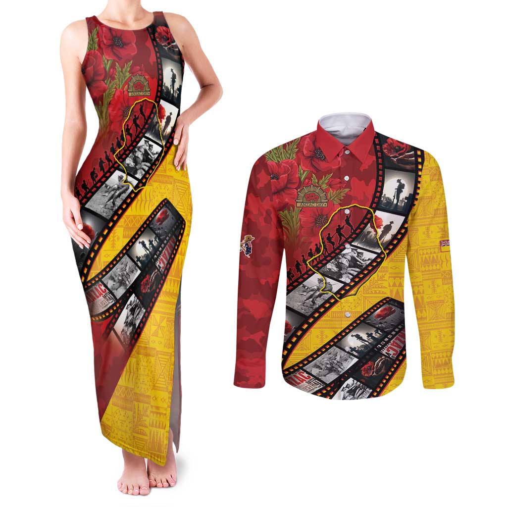 Personalised Niue ANZAC 1915-2026 Filmstrip Couples Matching Tank Maxi Dress and Long Sleeve Button Shirt Lest We Forget 25 April LT9 Gold - Polynesian Pride