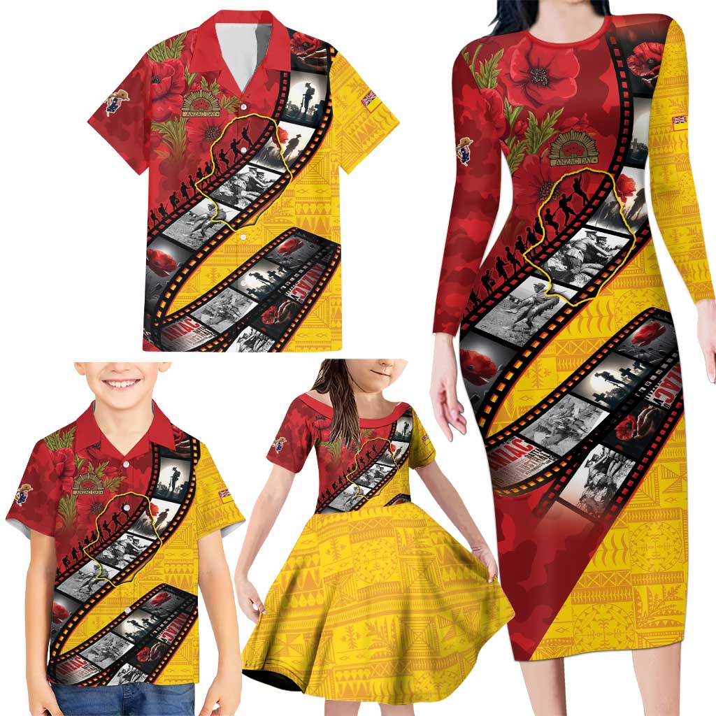 Personalised Niue ANZAC 1915-2026 Filmstrip Family Matching Long Sleeve Bodycon Dress and Hawaiian Shirt Lest We Forget 25 April LT9 - Polynesian Pride