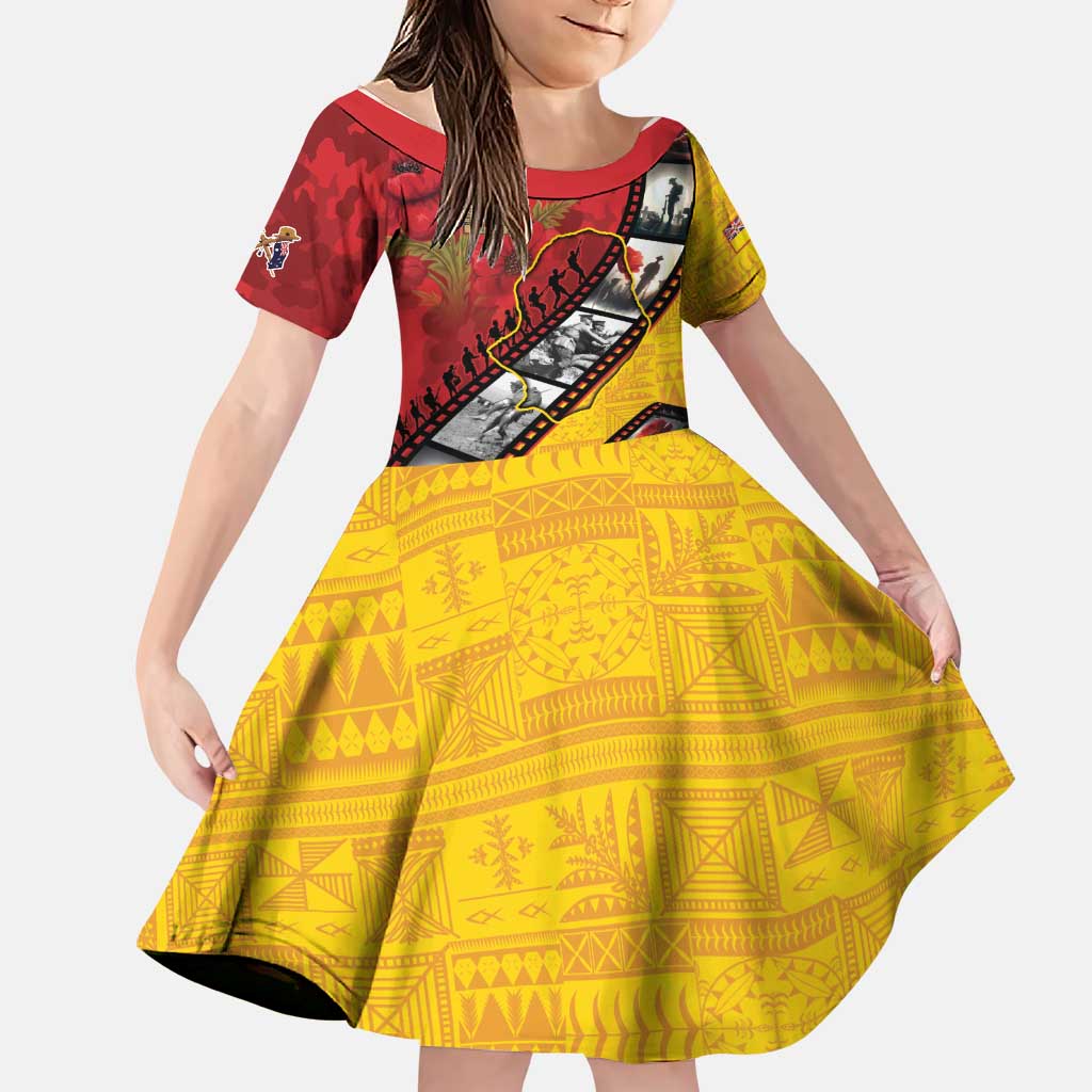 Personalised Niue ANZAC 1915-2026 Filmstrip Family Matching Off The Shoulder Long Sleeve Dress and Hawaiian Shirt Lest We Forget 25 April LT9 Daughter's Dress Gold - Polynesian Pride