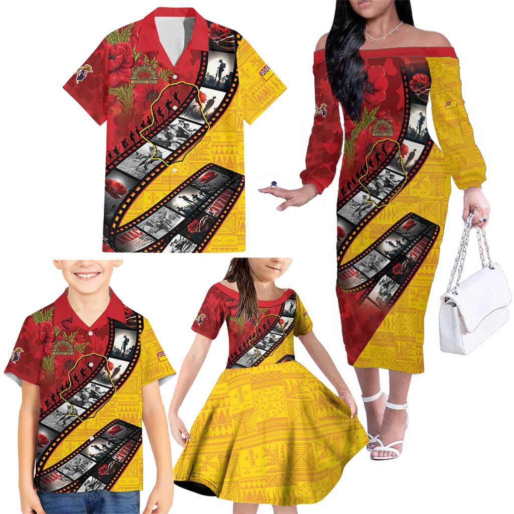 Personalised Niue ANZAC 1915-2026 Filmstrip Family Matching Off The Shoulder Long Sleeve Dress and Hawaiian Shirt Lest We Forget 25 April LT9 - Polynesian Pride