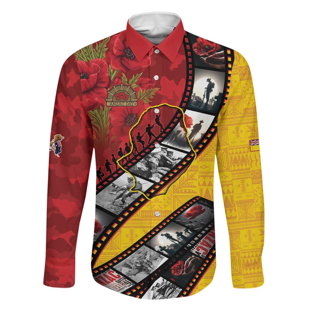 Personalised Niue ANZAC 1915-2026 Filmstrip Family Matching Off Shoulder Short Dress and Hawaiian Shirt Lest We Forget 25 April LT9 Dad's Shirt - Long Sleeve Gold - Polynesian Pride