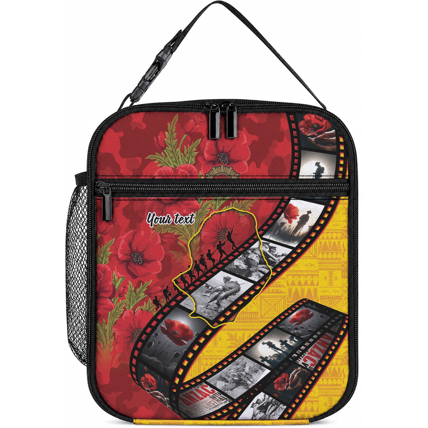 Personalised Niue ANZAC 1915-2026 Filmstrip Lunch Bag Lest We Forget 25 April LT9 10.2 × 8.3 × 4.3 inch Gold - Polynesian Pride