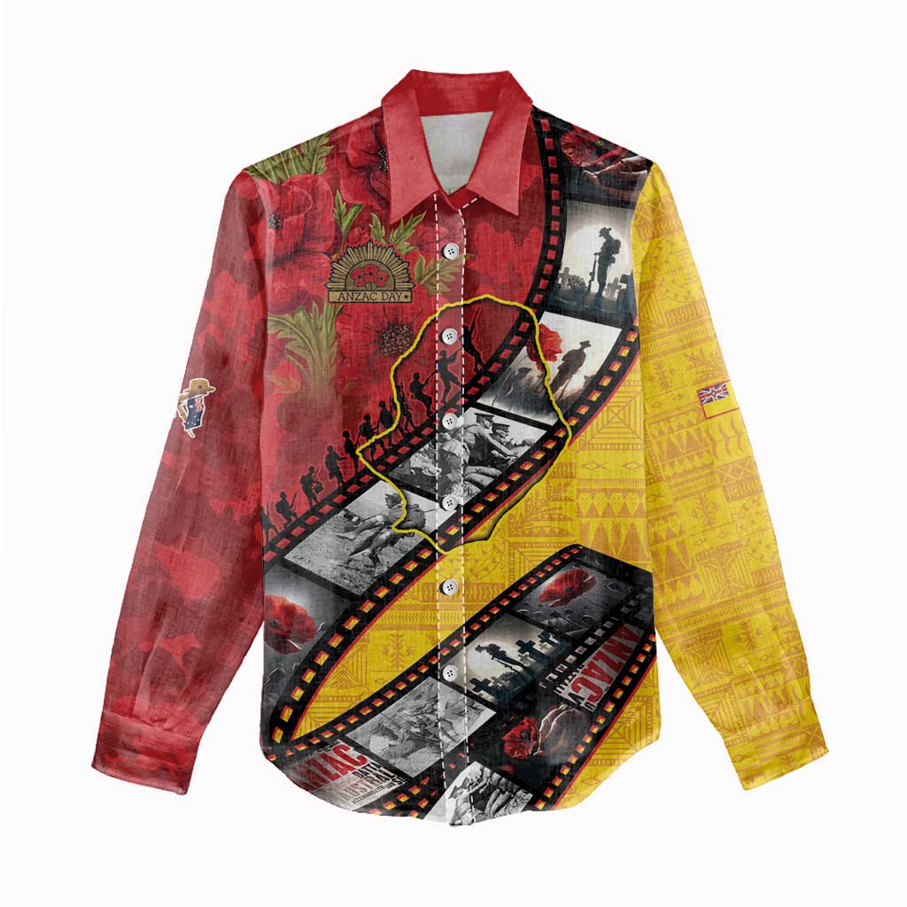 Personalised Niue ANZAC 1915-2026 Filmstrip Women Casual Shirt Lest We Forget 25 April LT9 - Polynesian Pride