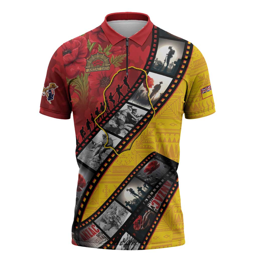 Personalised Niue ANZAC 1915-2026 Filmstrip Zipper Polo Shirt Lest We Forget 25 April