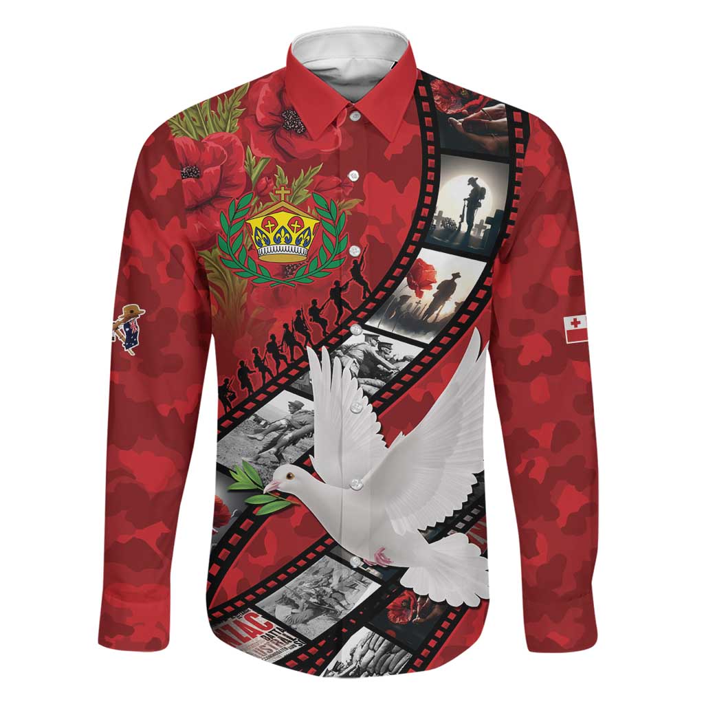 Personalised Tonga ANZAC 1915-2026 Filmstrip Family Matching Puletasi and Hawaiian Shirt Lest We Forget 25 April LT9 Dad's Shirt - Long Sleeve Red - Polynesian Pride