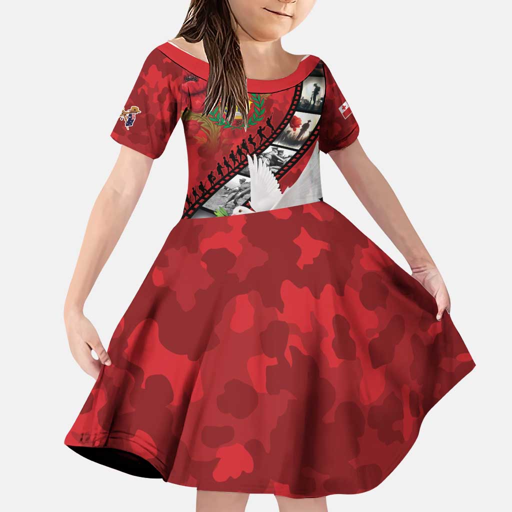 Personalised Tonga ANZAC 1915-2026 Filmstrip Family Matching Summer Maxi Dress and Hawaiian Shirt Lest We Forget 25 April LT9 Daughter's Dress Red - Polynesian Pride