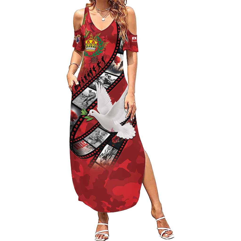 Personalised Tonga ANZAC 1915-2026 Filmstrip Family Matching Summer Maxi Dress and Hawaiian Shirt Lest We Forget 25 April LT9 Mom's Dress Red - Polynesian Pride