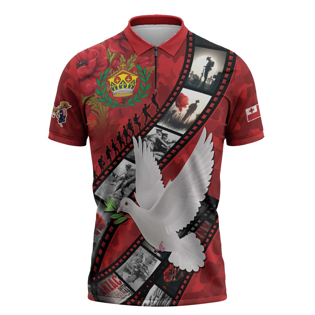 Personalised Tonga ANZAC 1915-2026 Filmstrip Zipper Polo Shirt Lest We Forget 25 April