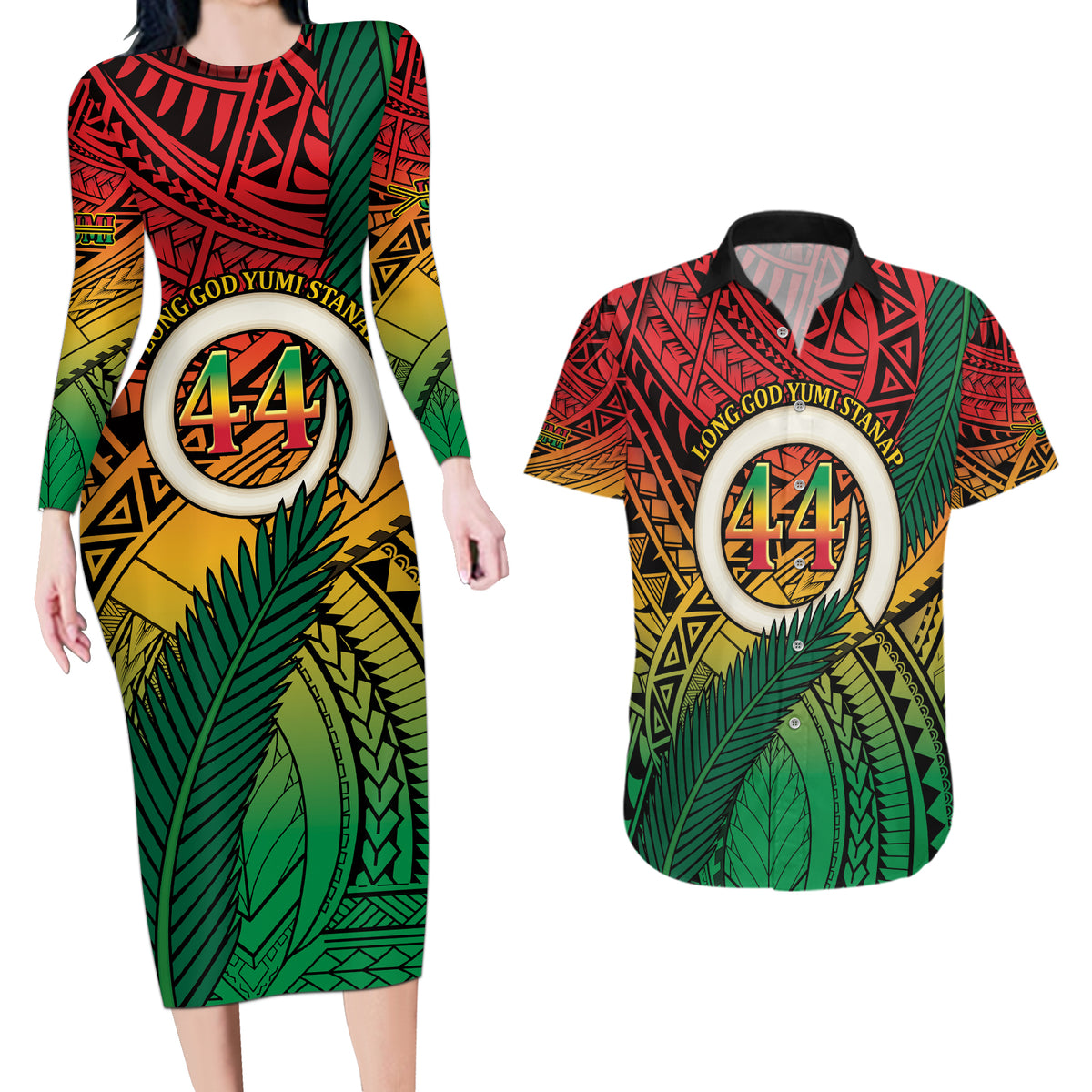 Personalised Vanuatu Yumi 44th Indipendens Dei Couples Matching Long Sleeve Bodycon Dress and Hawaiian Shirt Vanuatuan Broad Tusk with Polynesian Tribal LT9 Reggae - Polynesian Pride