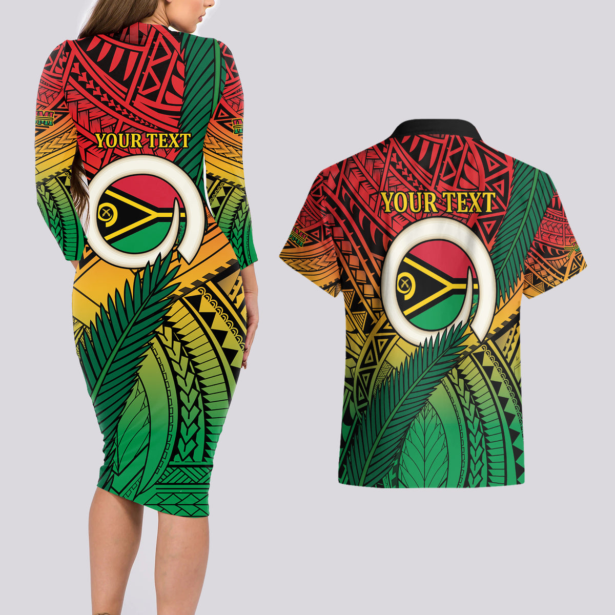 Personalised Vanuatu Yumi 44th Indipendens Dei Couples Matching Long Sleeve Bodycon Dress and Hawaiian Shirt Vanuatuan Broad Tusk with Polynesian Tribal LT9 - Polynesian Pride