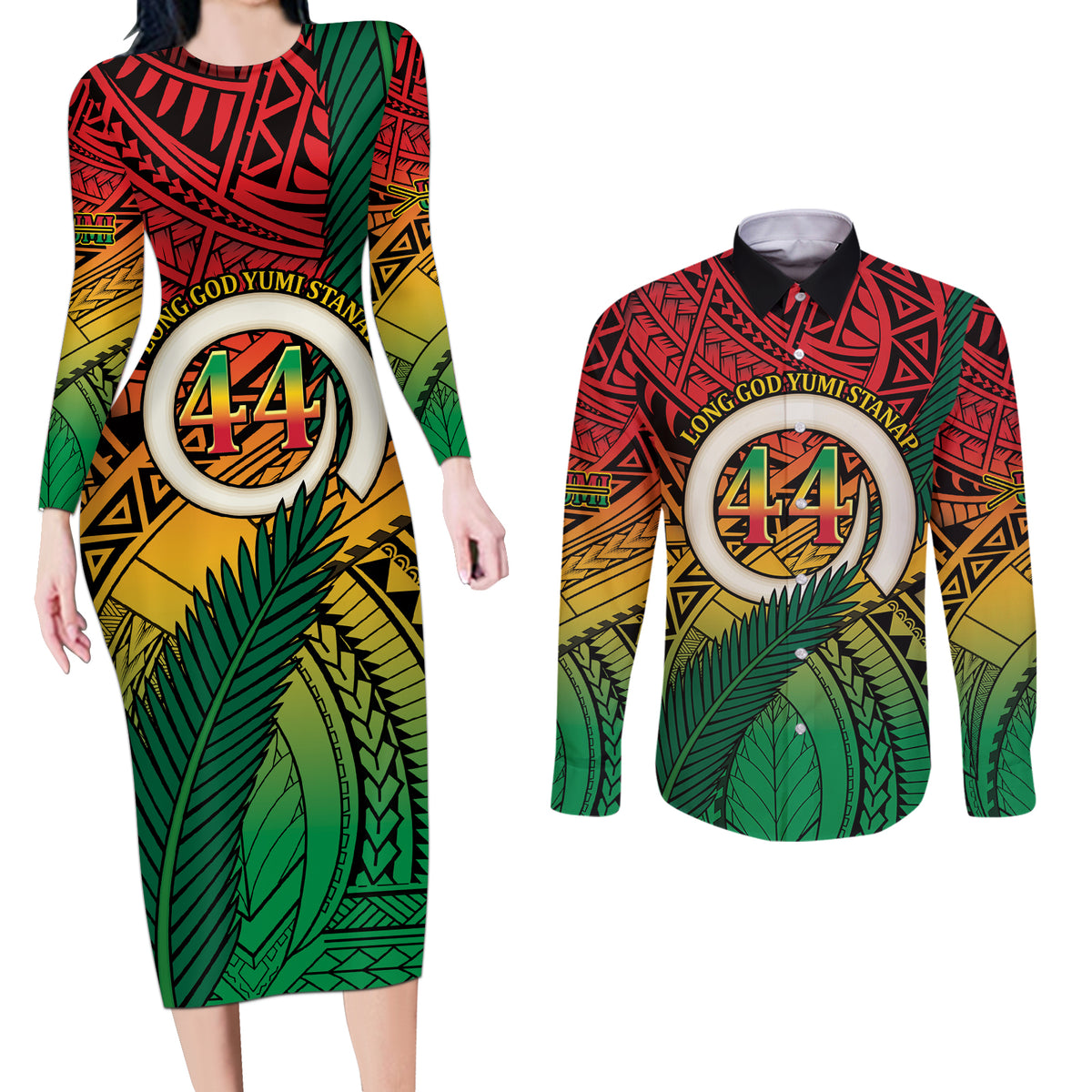 Personalised Vanuatu Yumi 44th Indipendens Dei Couples Matching Long Sleeve Bodycon Dress and Long Sleeve Button Shirt Vanuatuan Broad Tusk with Polynesian Tribal LT9 Reggae - Polynesian Pride