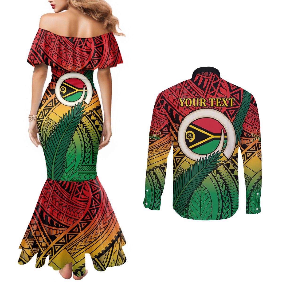 Personalised Vanuatu Yumi 44th Indipendens Dei Couples Matching Mermaid Dress and Long Sleeve Button Shirt Vanuatuan Broad Tusk with Polynesian Tribal LT9 - Polynesian Pride