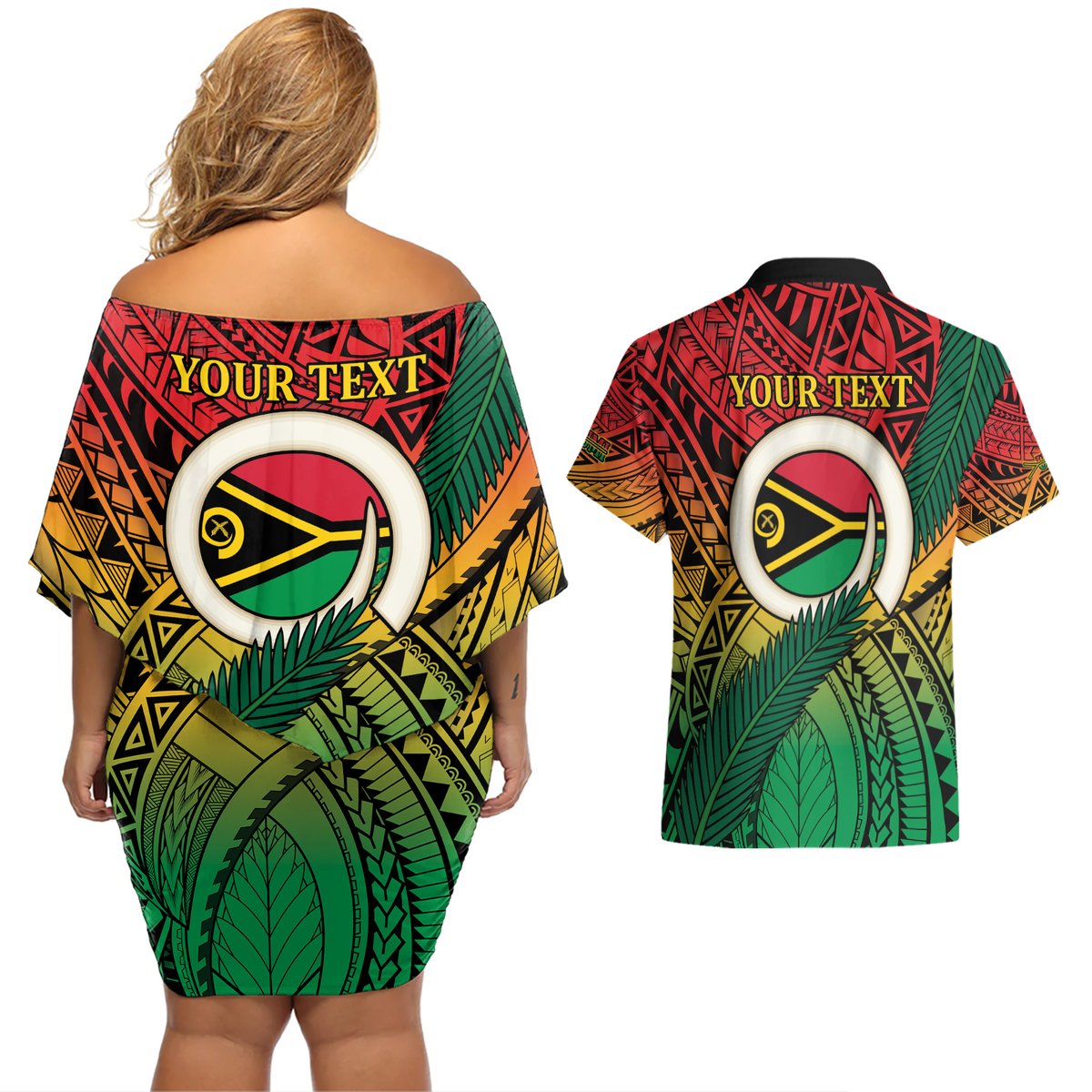 Personalised Vanuatu Yumi 44th Indipendens Dei Couples Matching Off Shoulder Short Dress and Hawaiian Shirt Vanuatuan Broad Tusk with Polynesian Tribal LT9 - Polynesian Pride