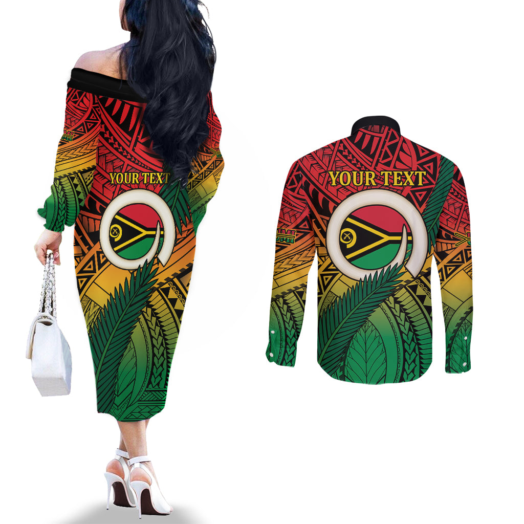 Personalised Vanuatu Yumi 44th Indipendens Dei Couples Matching Off The Shoulder Long Sleeve Dress and Long Sleeve Button Shirt Vanuatuan Broad Tusk with Polynesian Tribal LT9 - Polynesian Pride