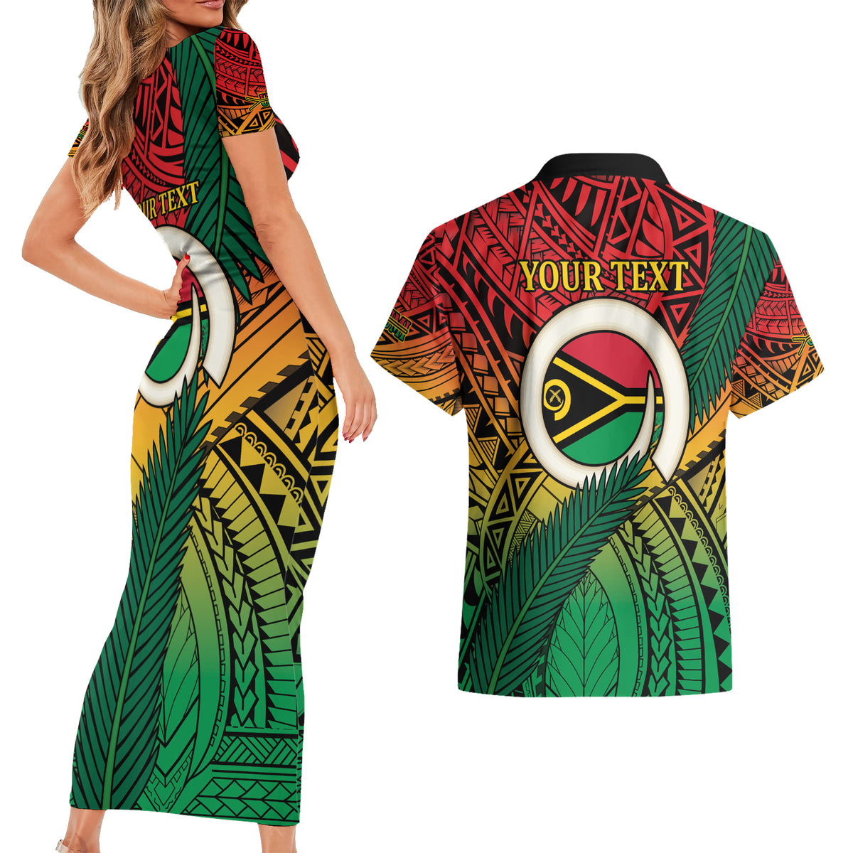 Personalised Vanuatu Yumi 44th Indipendens Dei Couples Matching Short Sleeve Bodycon Dress and Hawaiian Shirt Vanuatuan Broad Tusk with Polynesian Tribal LT9 - Polynesian Pride