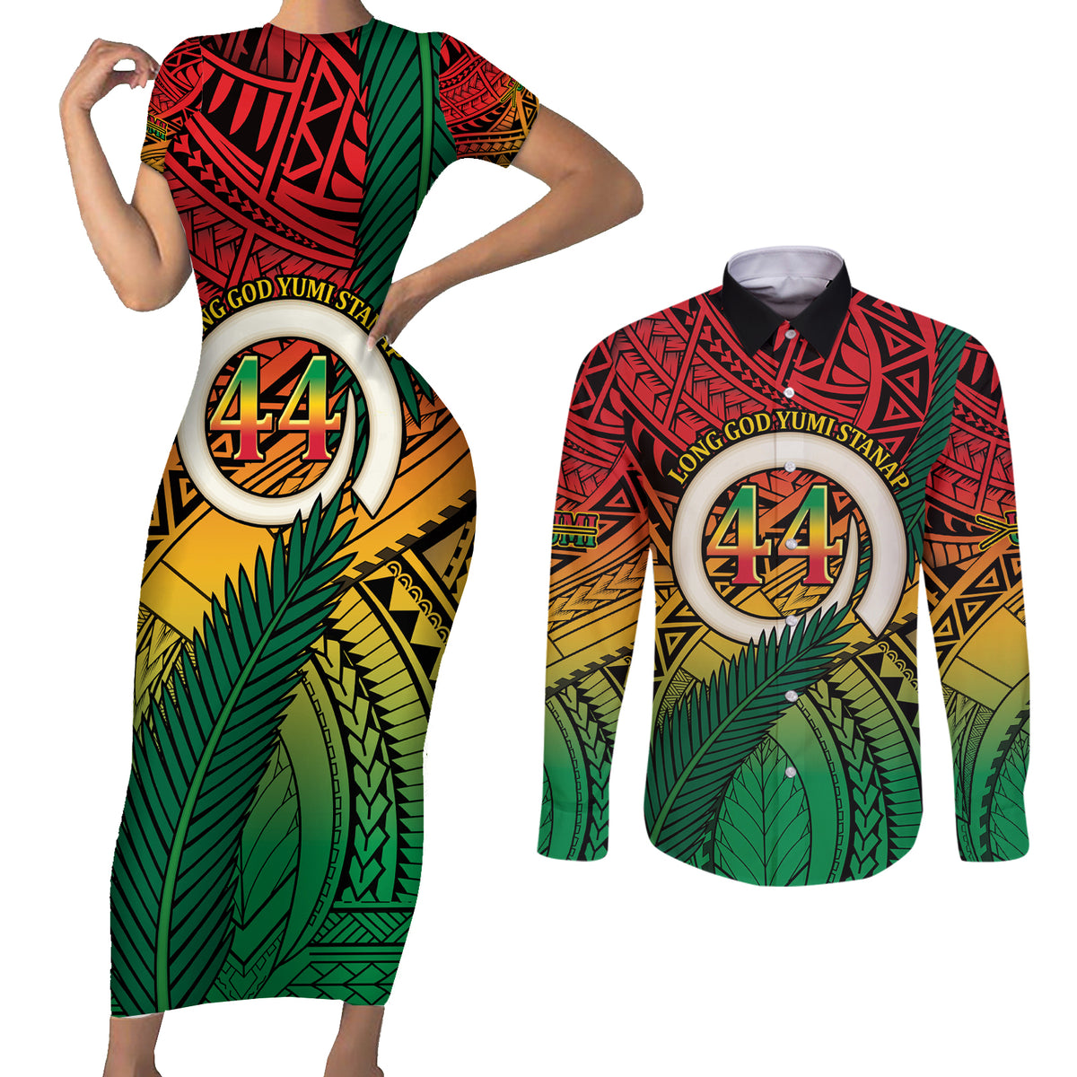Personalised Vanuatu Yumi 44th Indipendens Dei Couples Matching Short Sleeve Bodycon Dress and Long Sleeve Button Shirt Vanuatuan Broad Tusk with Polynesian Tribal LT9 Reggae - Polynesian Pride