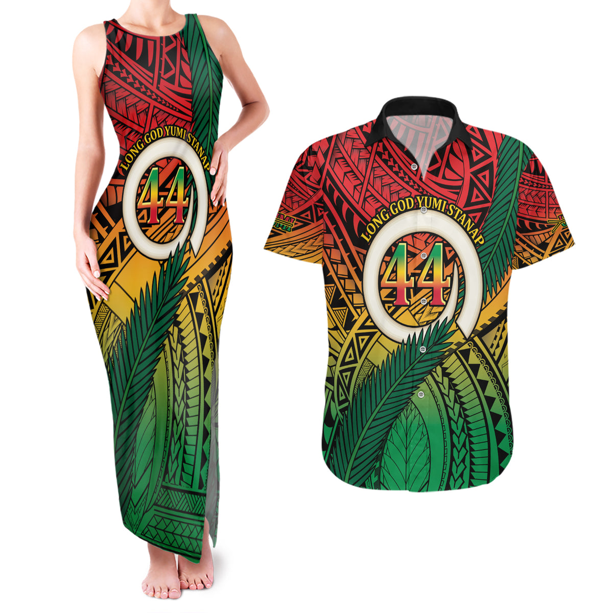 Personalised Vanuatu Yumi 44th Indipendens Dei Couples Matching Tank Maxi Dress and Hawaiian Shirt Vanuatuan Broad Tusk with Polynesian Tribal LT9 Reggae - Polynesian Pride