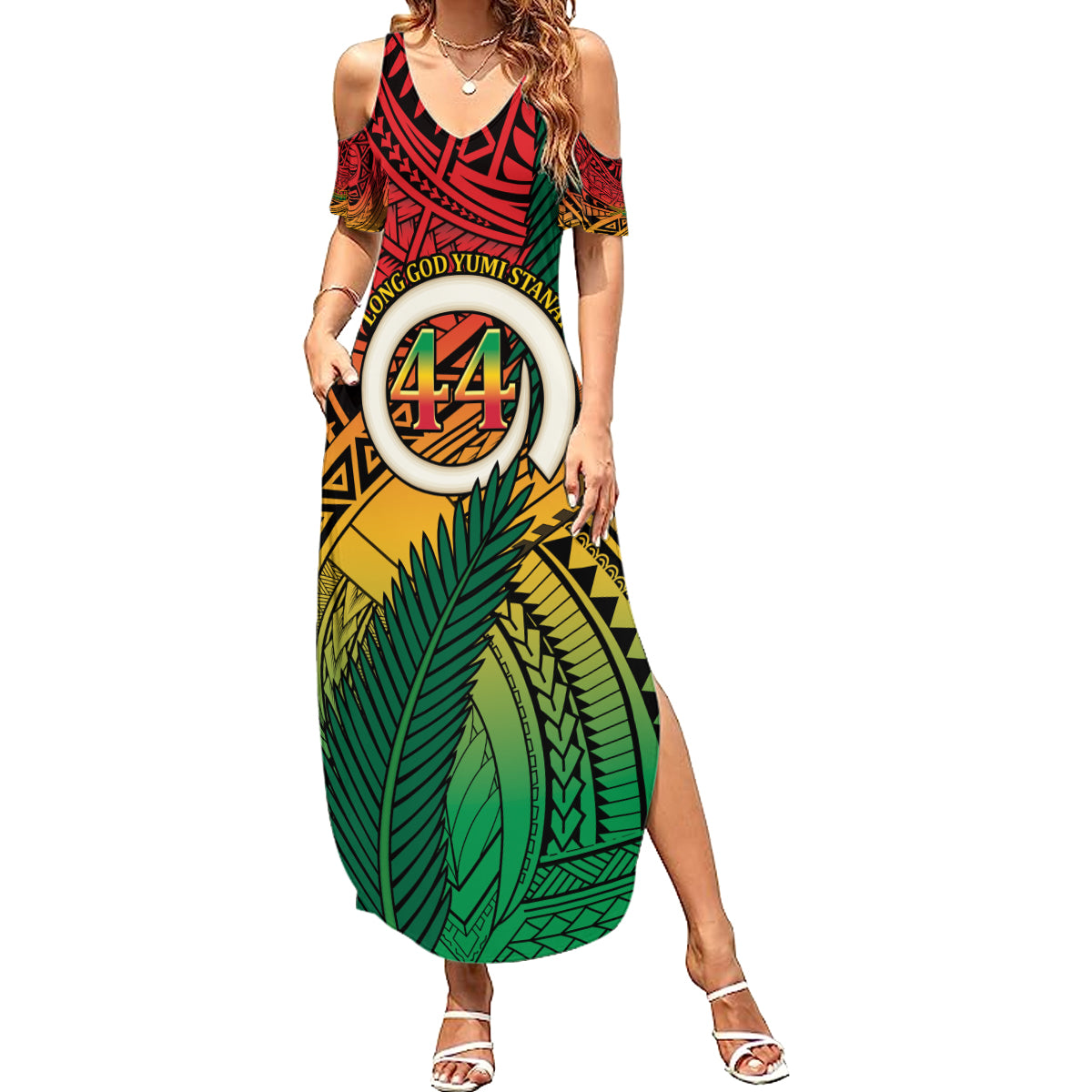 Personalised Vanuatu Yumi 44th Indipendens Dei Summer Maxi Dress Vanuatuan Broad Tusk with Polynesian Tribal