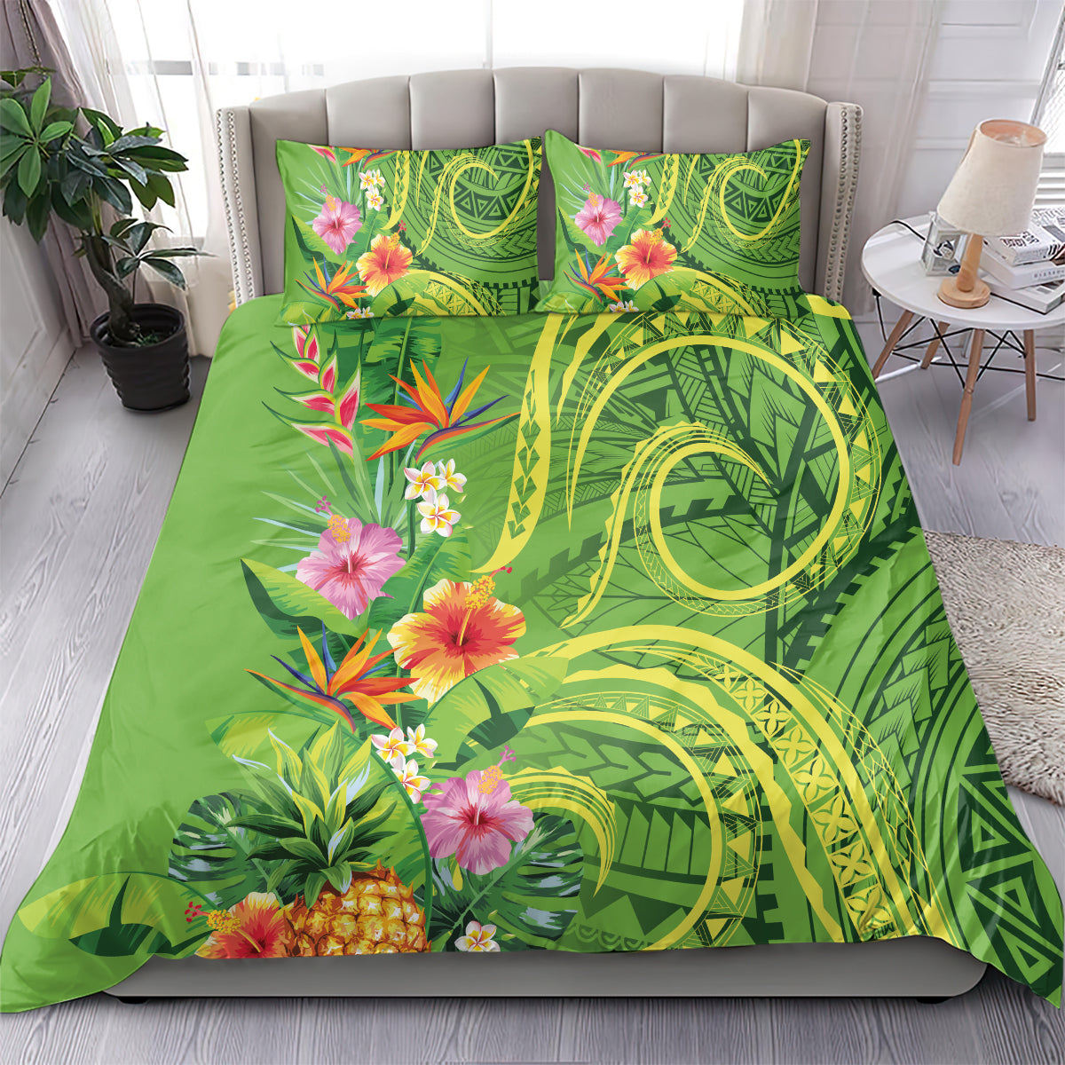 Polynesian Tribal Flower Tattoo Bedding Set Special Lime Green Vibe