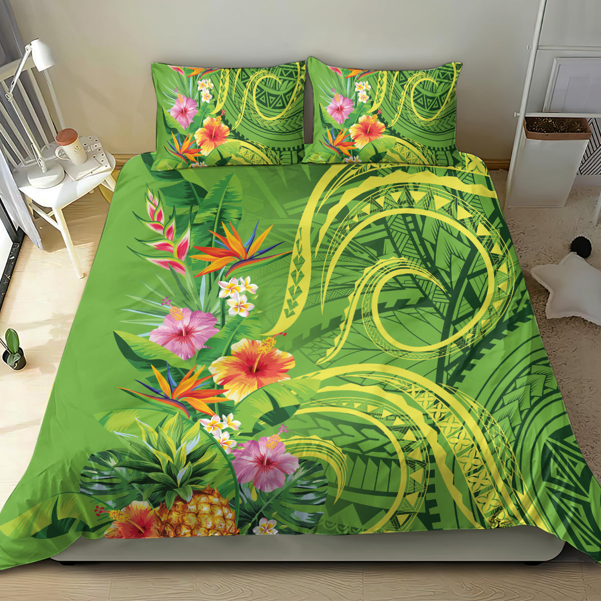 Polynesian Tribal Flower Tattoo Bedding Set Special Lime Green Vibe