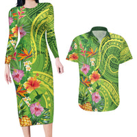 Polynesian Tribal Flower Tattoo Couples Matching Long Sleeve Bodycon Dress and Hawaiian Shirt Special Lime Green Vibe LT9 Lime Green - Polynesian Pride