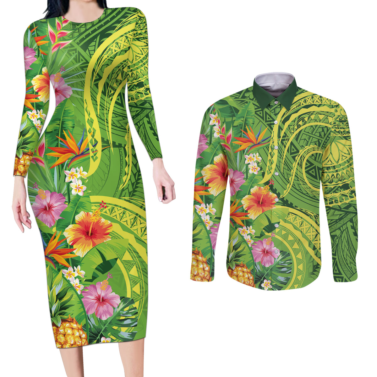 Polynesian Tribal Flower Tattoo Couples Matching Long Sleeve Bodycon Dress and Long Sleeve Button Shirt Special Lime Green Vibe