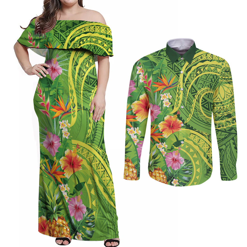 Polynesian Tribal Flower Tattoo Couples Matching Off Shoulder Maxi Dress and Long Sleeve Button Shirt Special Lime Green Vibe