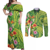Polynesian Tribal Flower Tattoo Couples Matching Off Shoulder Maxi Dress and Long Sleeve Button Shirt Special Lime Green Vibe