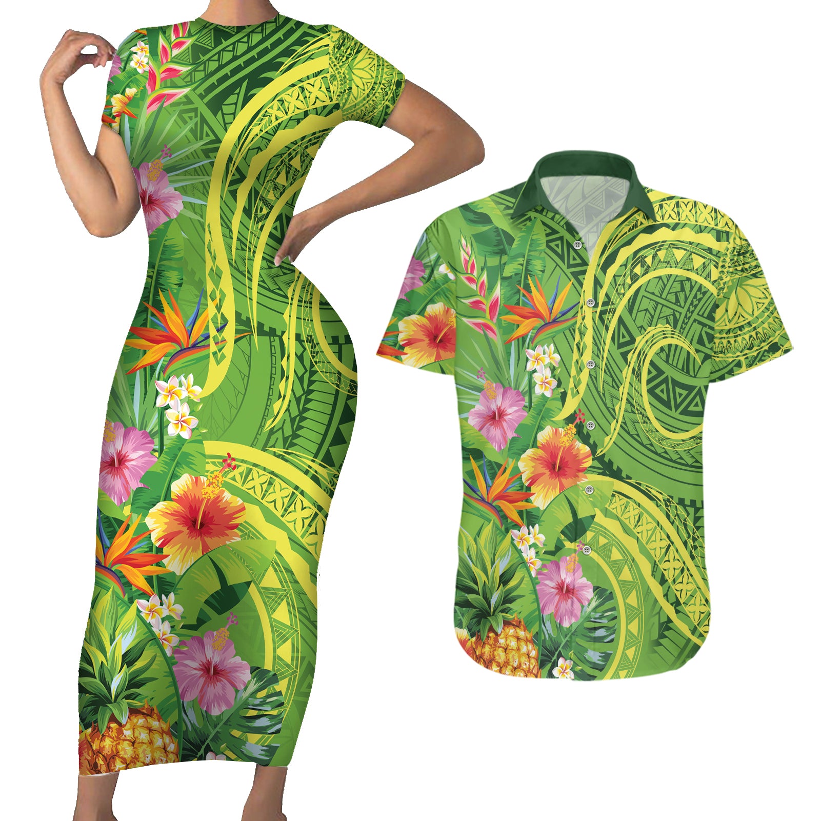 Polynesian Tribal Flower Tattoo Couples Matching Short Sleeve Bodycon Dress and Hawaiian Shirt Special Lime Green Vibe