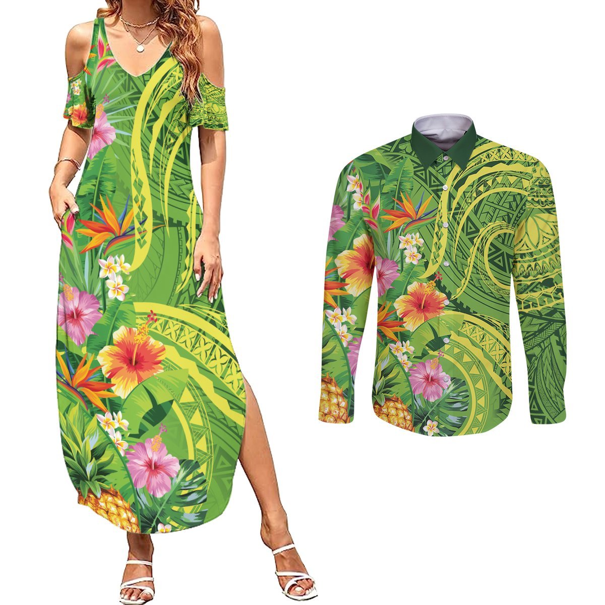 Polynesian Tribal Flower Tattoo Couples Matching Summer Maxi Dress and Long Sleeve Button Shirt Special Lime Green Vibe LT9 Lime Green - Polynesian Pride